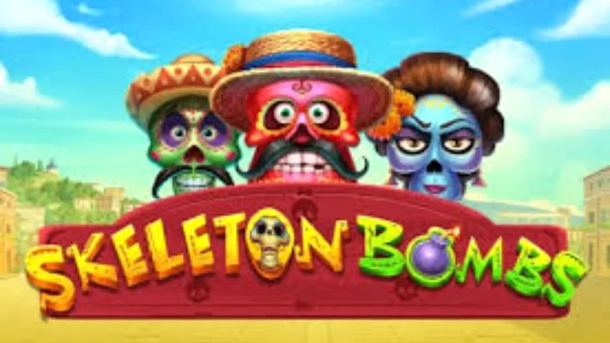 Visual vibrante e festivo do jogo de slot Skeleton Bombs com caveiras mexicanas coloridas